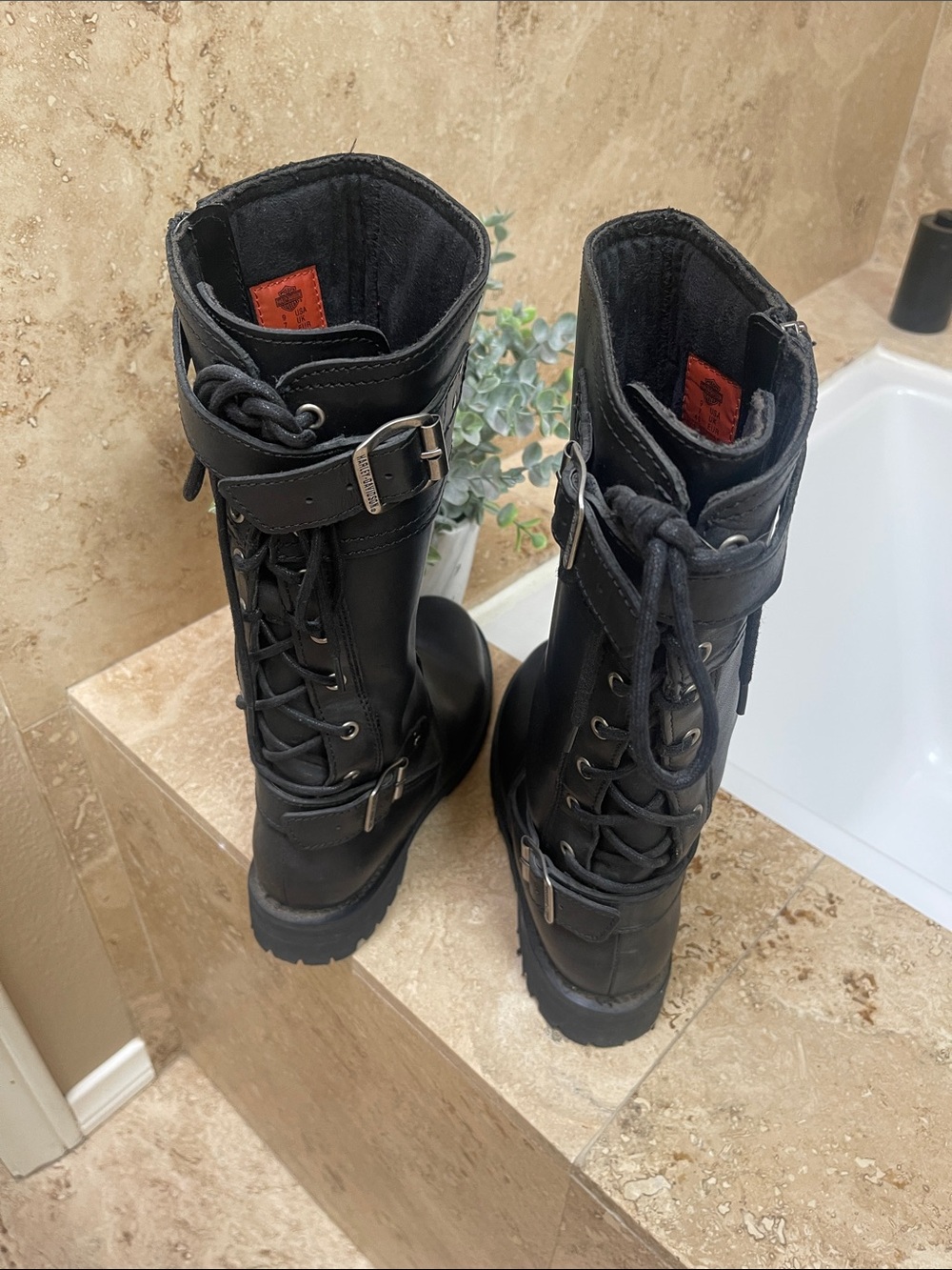 Harley-Davidson Black Leather Lace-Up Moto Boots with Buckle